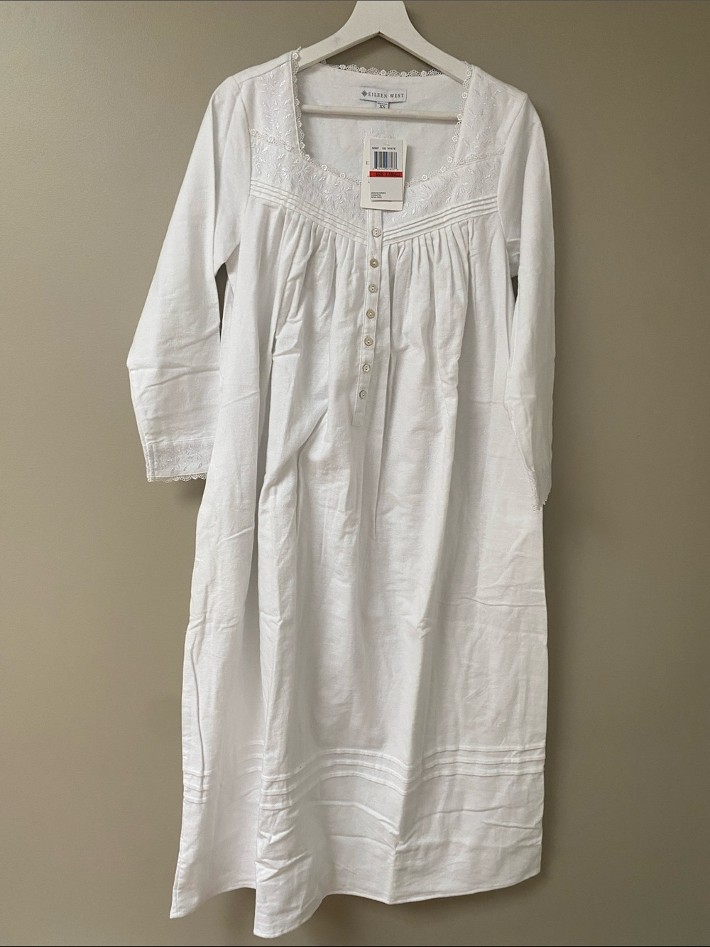 Eileen West White Embroidered Cotton Flannel Maxi Nightgown